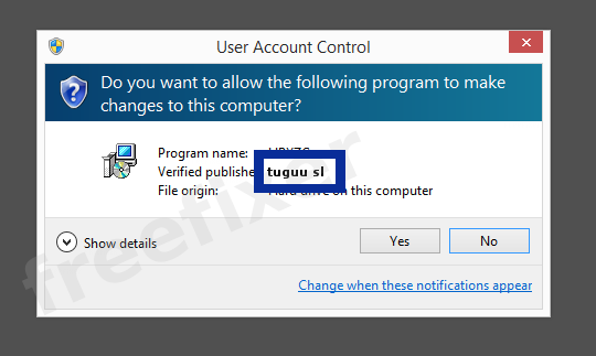 Screenshot where tuguu sl appears as the verified publisher in the UAC dialog